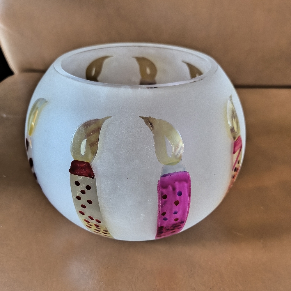 TeleFlora Circle Frosted Glass Vase Bowl w/ Multi-Color Hand Painted Candles